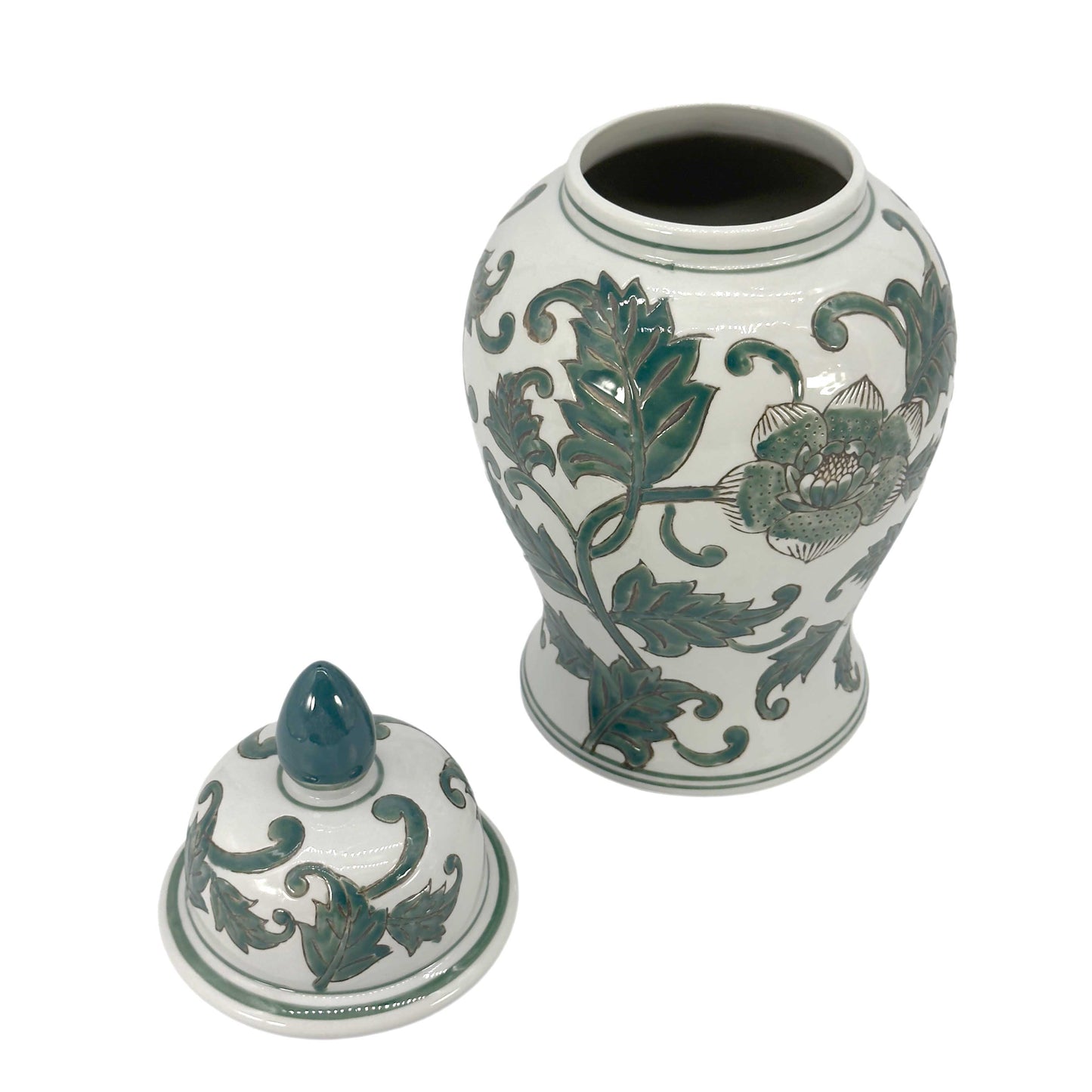 White & Green Chinoiserie Ginger Jar 14"