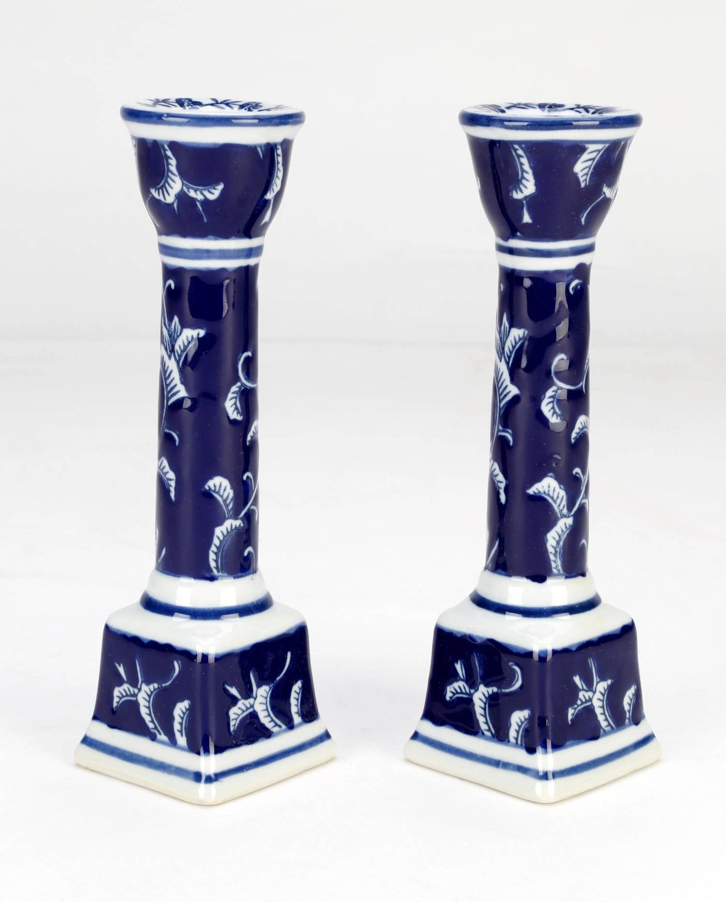 Blue and White Floral Candlestick Pair