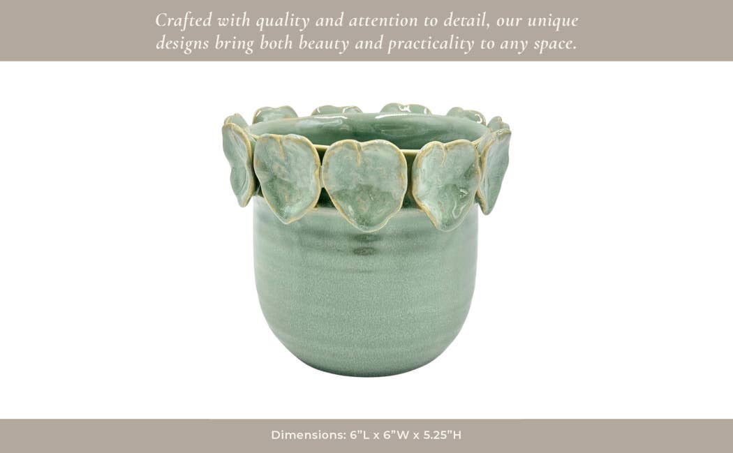 Plant Pot - Green Ceramic Handcrafted Leaf Applique, 6 in.