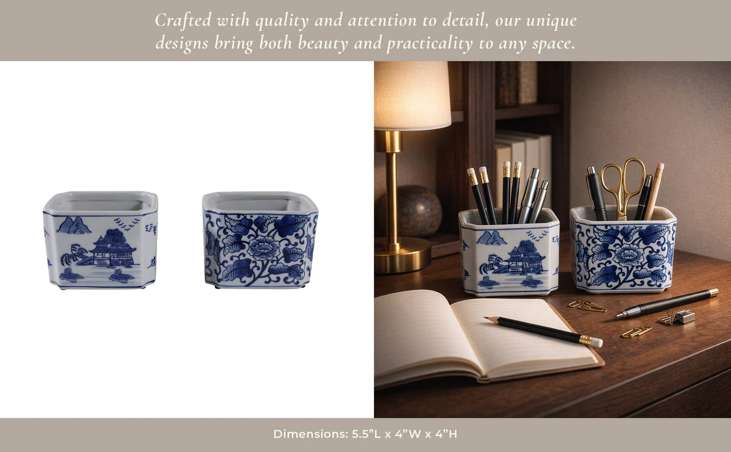 Pencil Cups Set of 2 - Blue/White Ceramic Rectangle, 4 in.
