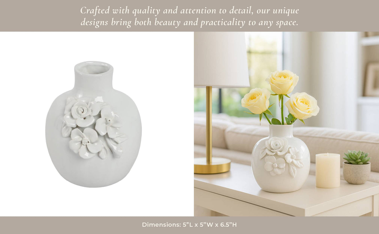 Decorative Vase - Cream Ceramic Rose Applique Bud, 6 in.