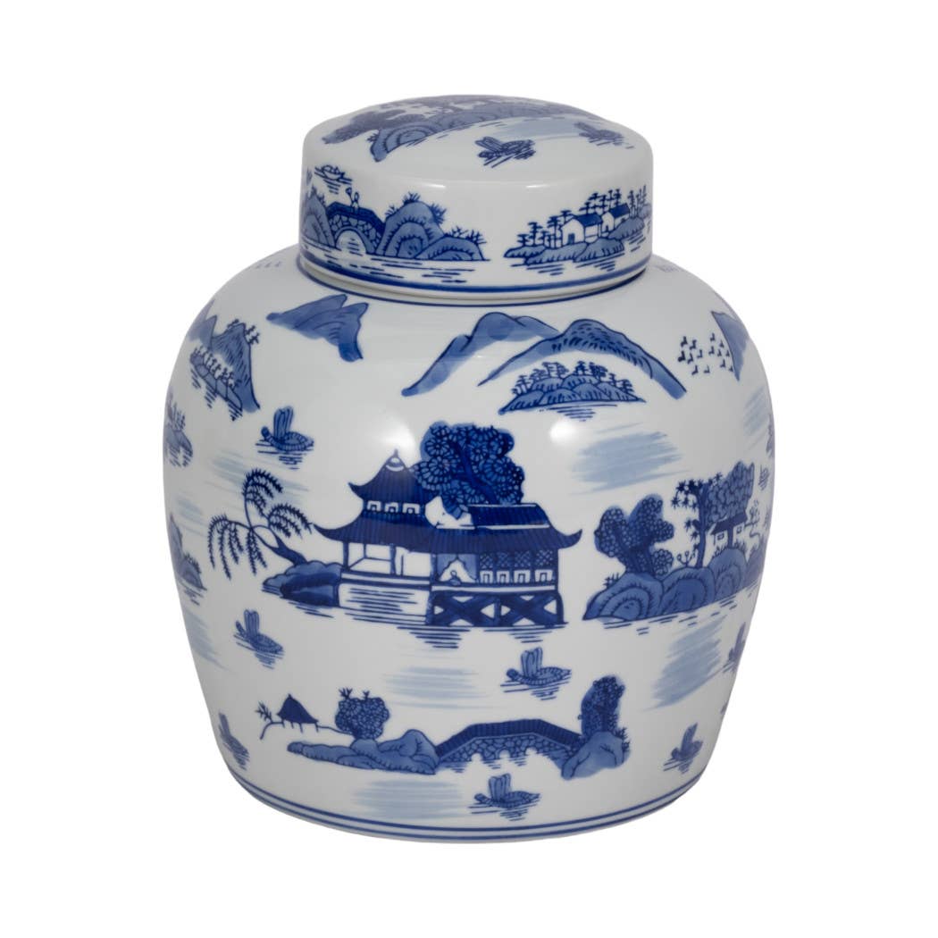 Decorative Jar - Blue Ceramic Round Lidded, 10 in.