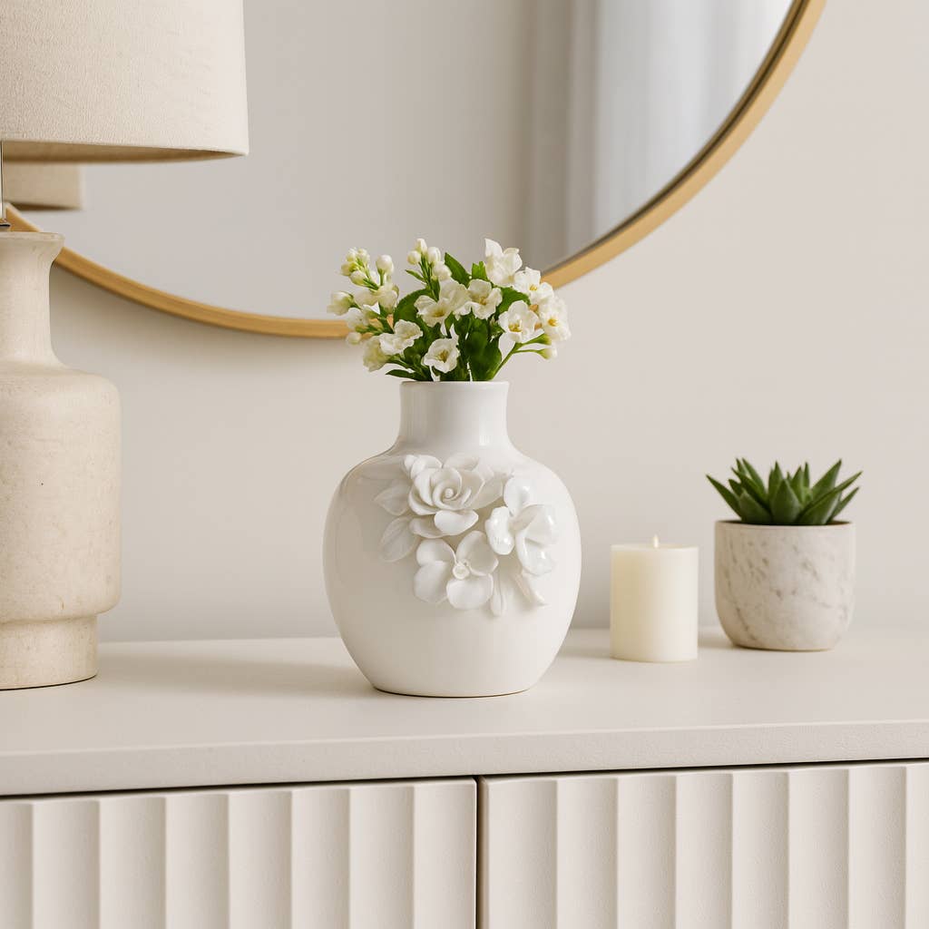 Decorative Vase - Cream Ceramic Rose Applique Bud, 6 in.