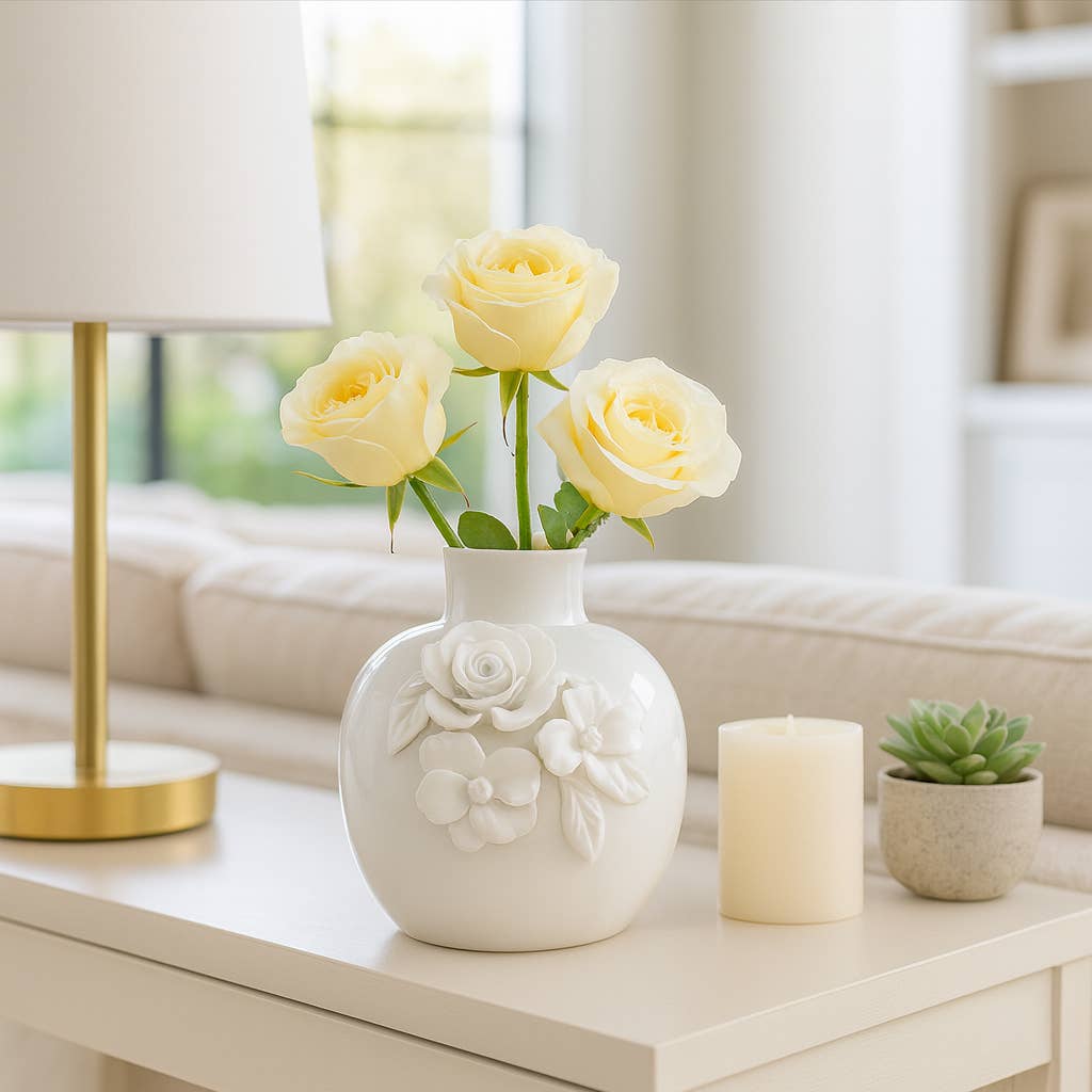 Decorative Vase - Cream Ceramic Rose Applique Bud, 6 in.