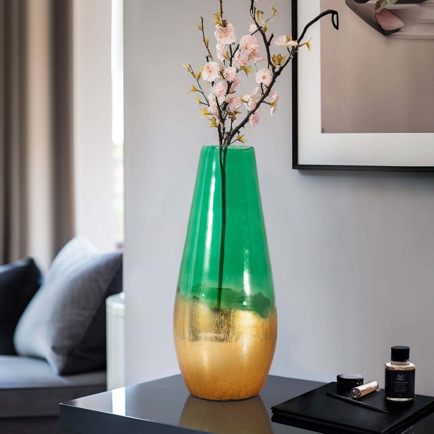 Glass Modern Gold Dipped Decorative Vase - Green, 19 in.