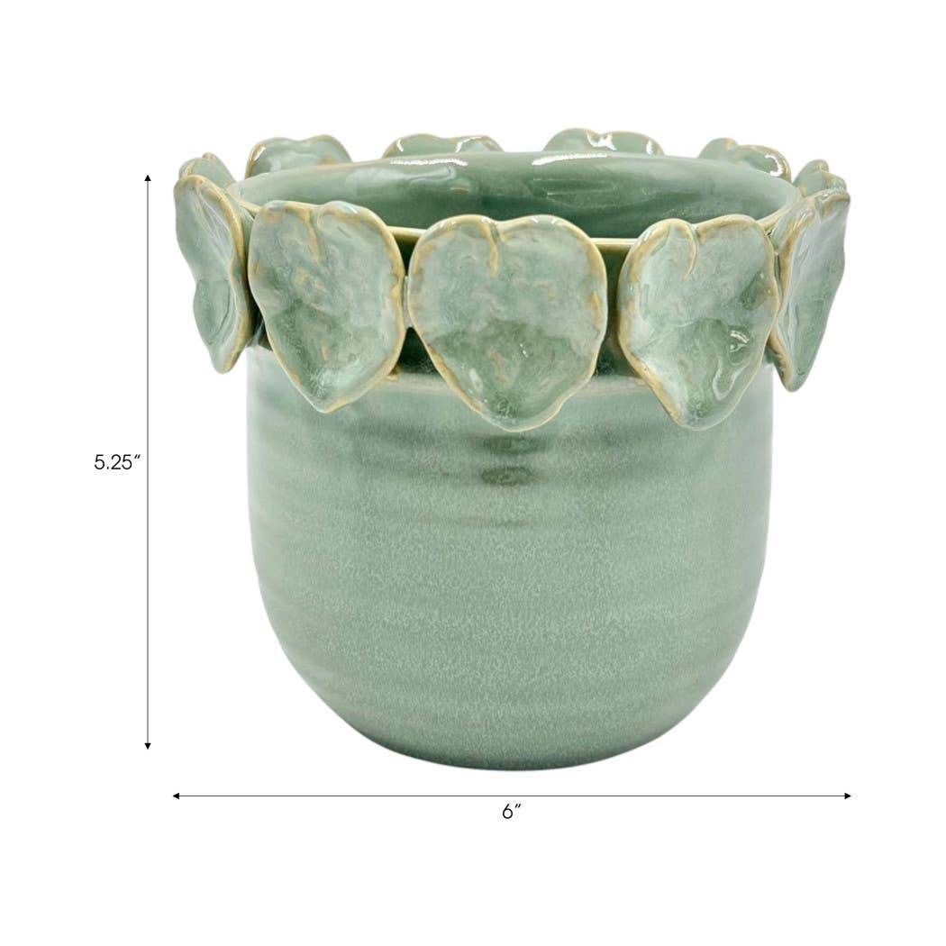 Plant Pot - Green Ceramic Handcrafted Leaf Applique, 6 in.