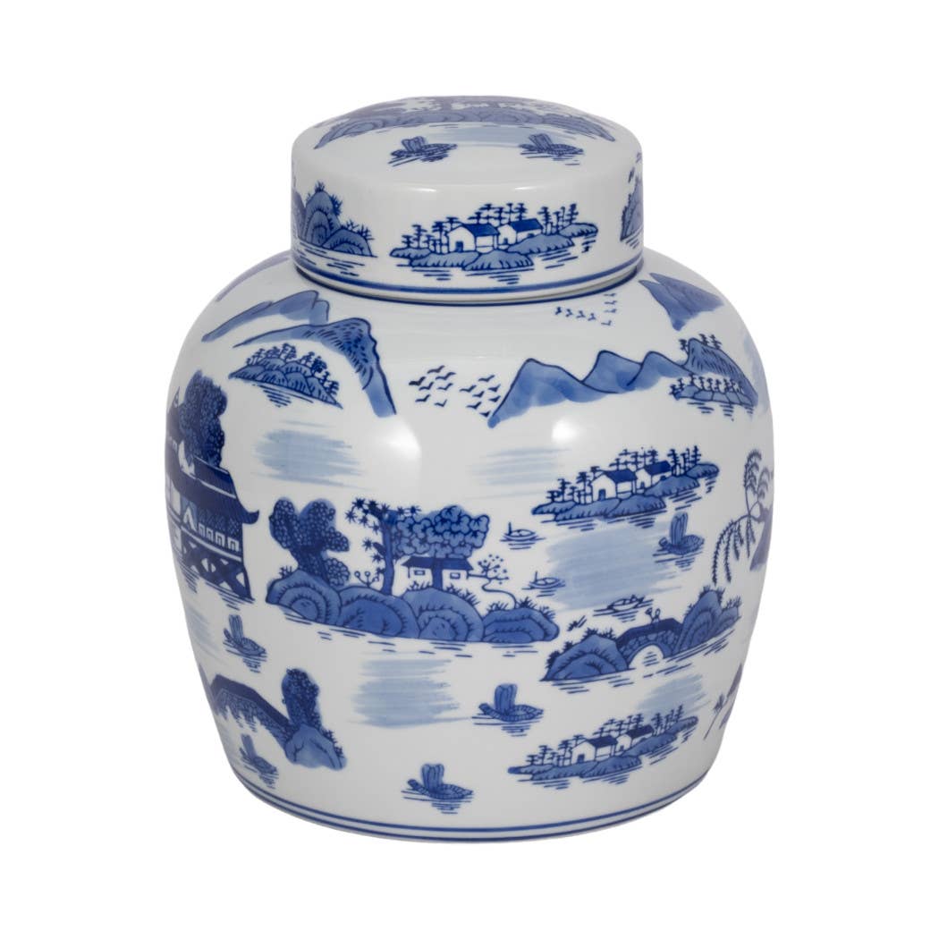 Decorative Jar - Blue Ceramic Round Lidded, 10 in.