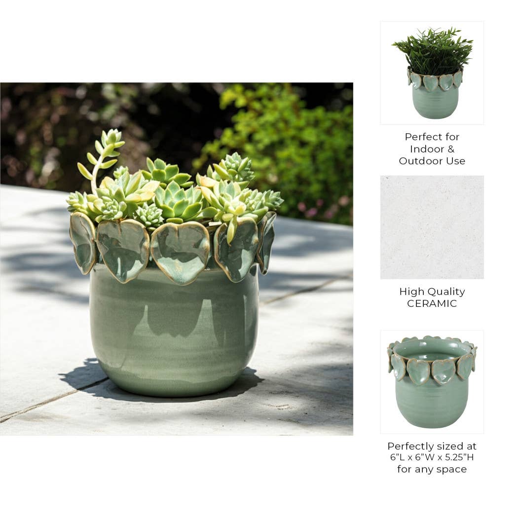 Plant Pot - Green Ceramic Handcrafted Leaf Applique, 6 in.