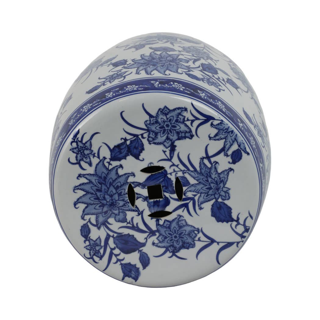 Stool - Blue Ceramic Pinwheel Flower Chinoiserie, 18 in.