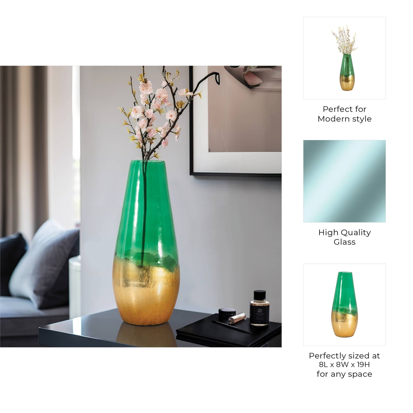 Glass Modern Gold Dipped Decorative Vase - Green, 19 in.