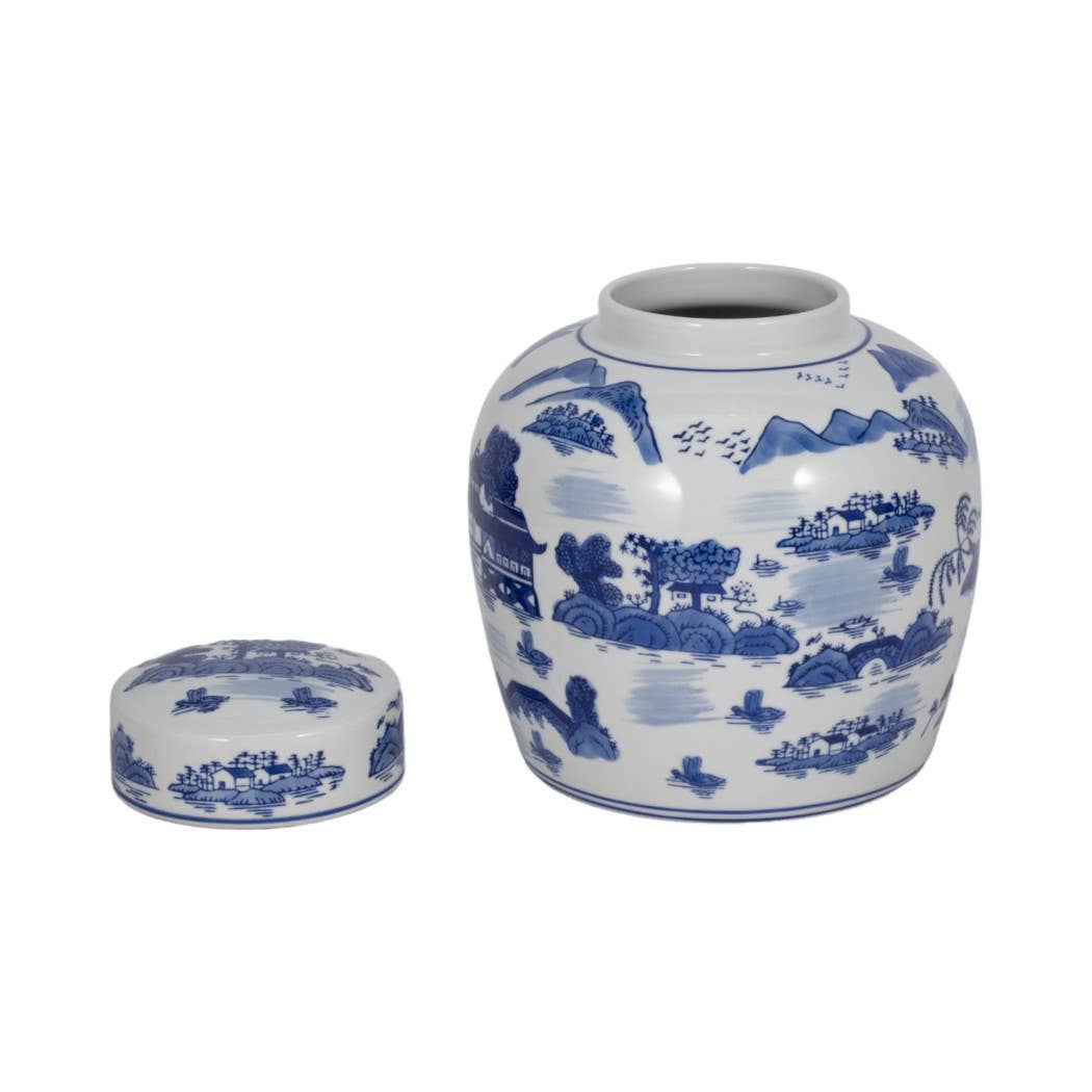 Decorative Jar - Blue Ceramic Round Lidded, 10 in.