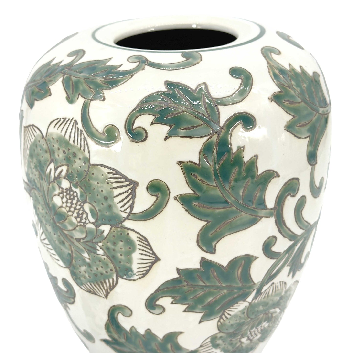 Green & White Floral Ceramic Chinoiserie Ginger Jar 11"