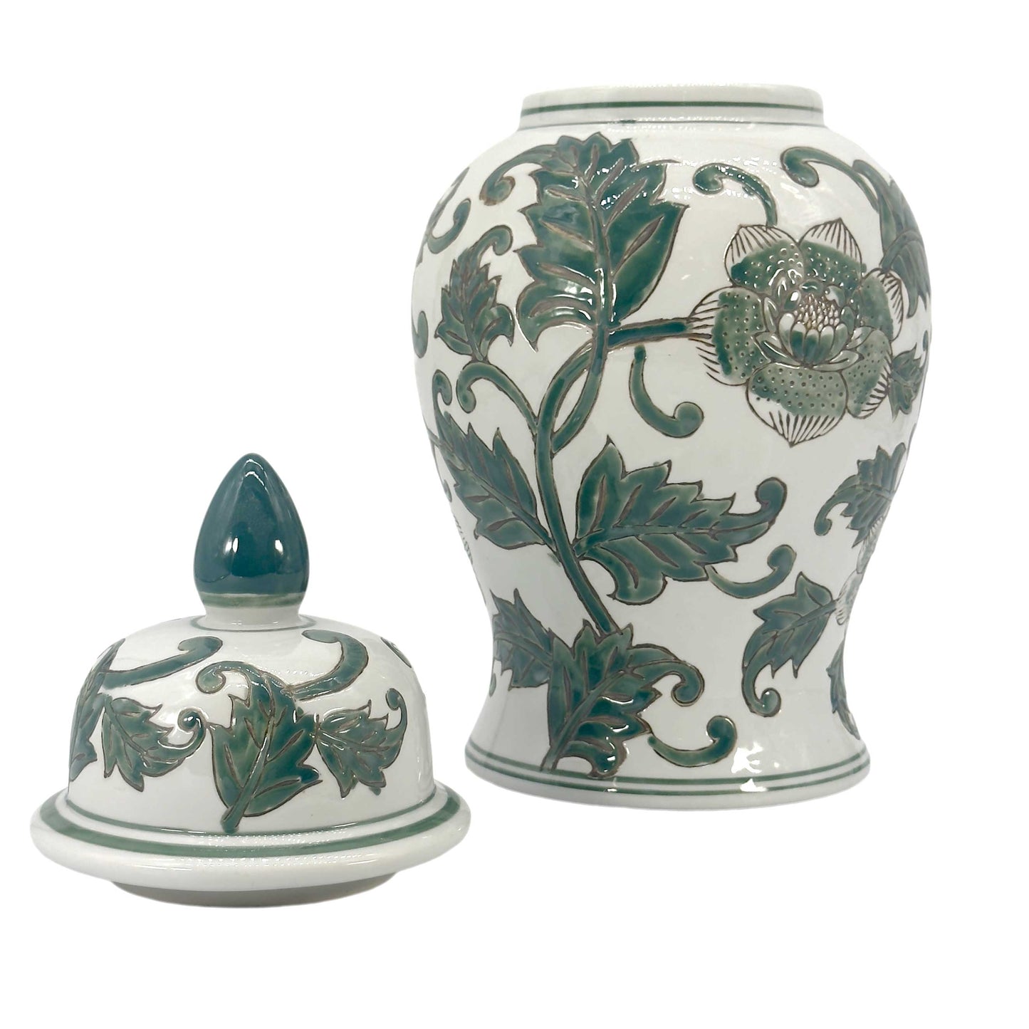 White & Green Chinoiserie Ginger Jar 14"
