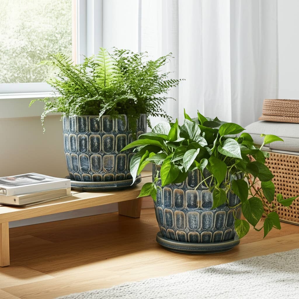 Plant Pot - Blue Ceramic Squoval in Saucer, 8 in.