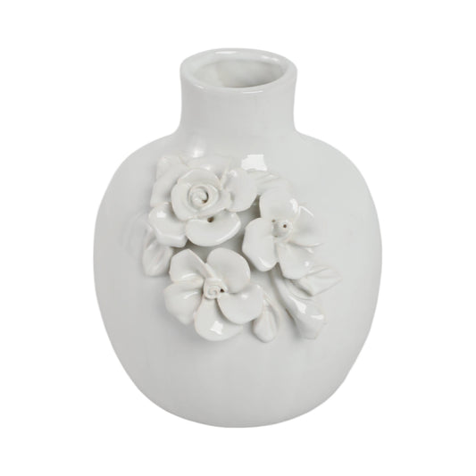 Decorative Vase - Cream Ceramic Rose Applique Bud, 6 in.