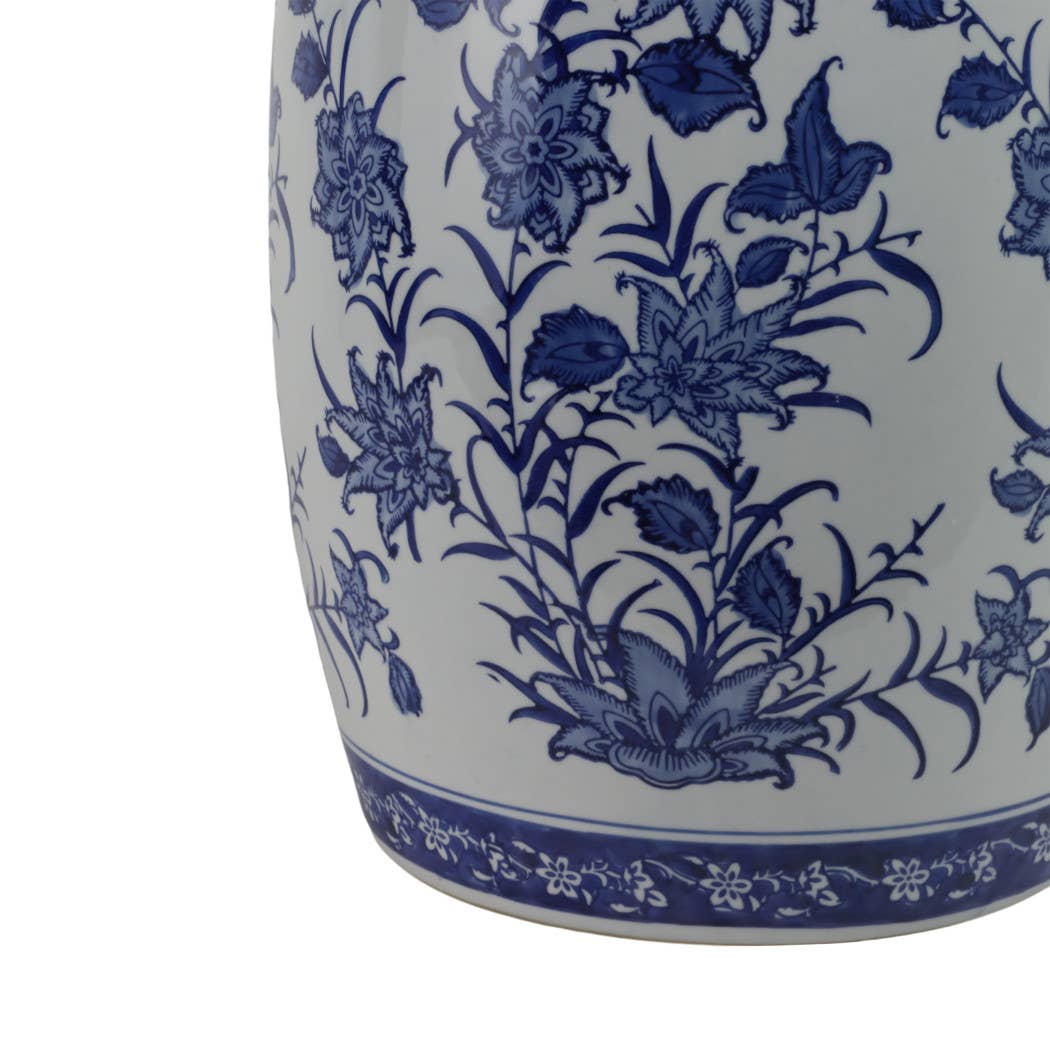 Stool - Blue Ceramic Pinwheel Flower Chinoiserie, 18 in.