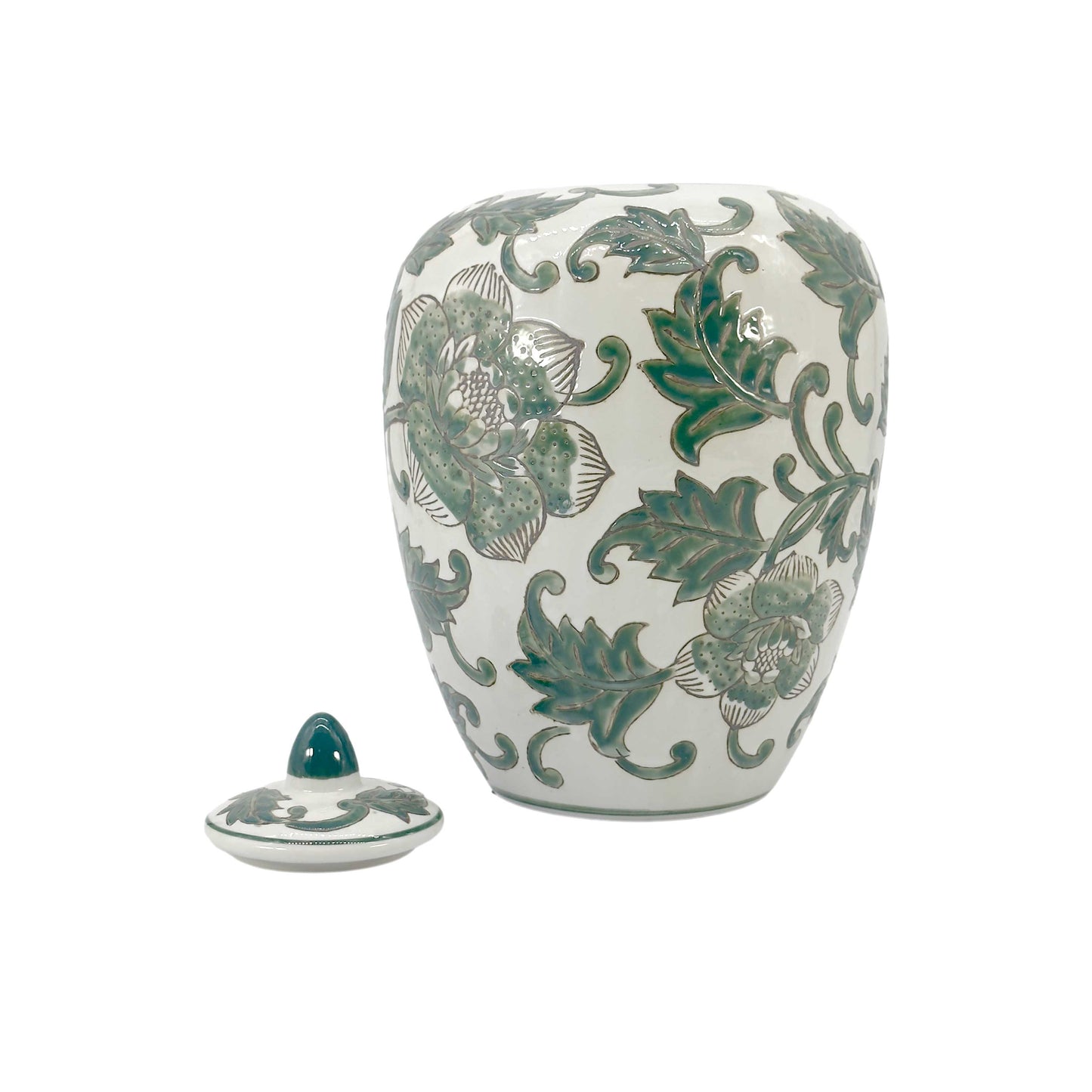 Green & White Floral Ceramic Chinoiserie Ginger Jar 11"