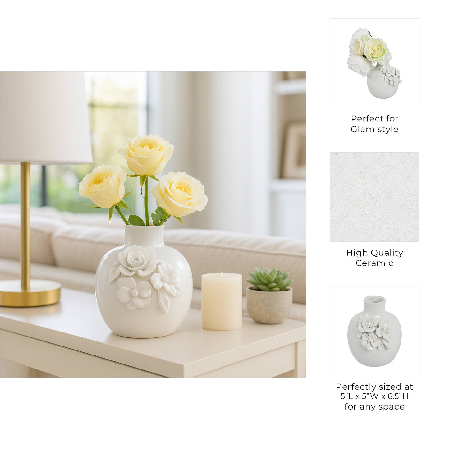 Decorative Vase - Cream Ceramic Rose Applique Bud, 6 in.