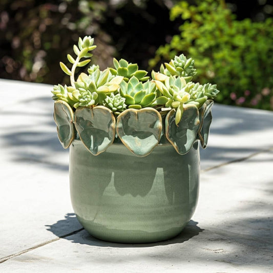 Plant Pot - Green Ceramic Handcrafted Leaf Applique, 6 in.