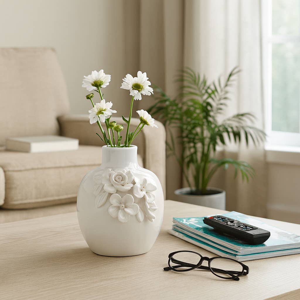 Decorative Vase - Cream Ceramic Rose Applique Bud, 6 in.