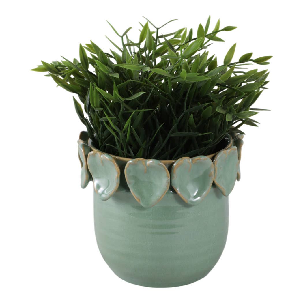 Plant Pot - Green Ceramic Handcrafted Leaf Applique, 6 in.