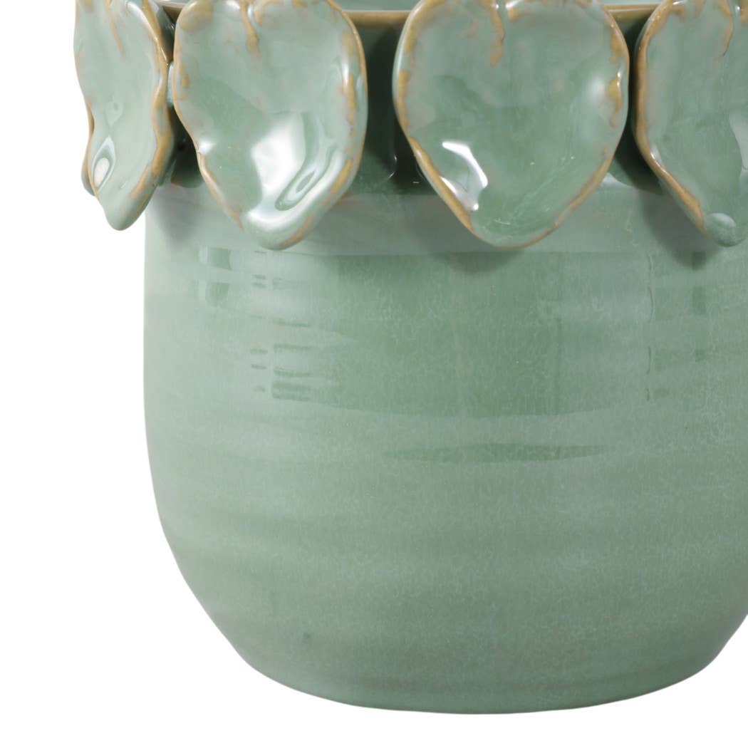 Plant Pot - Green Ceramic Handcrafted Leaf Applique, 6 in.