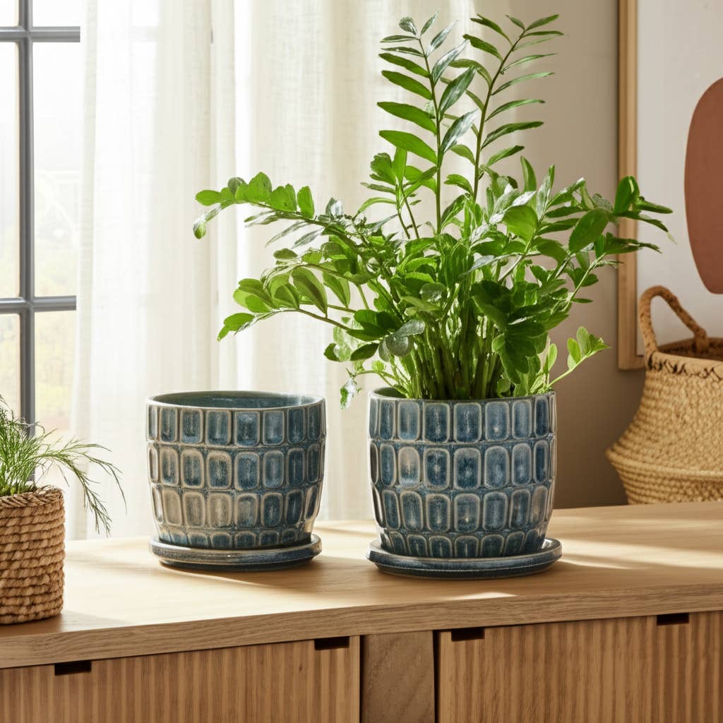 Plant Pot - Blue Ceramic Squoval in Saucer, 8 in.