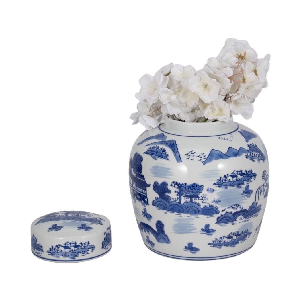 Decorative Jar - Blue Ceramic Round Lidded, 10 in.