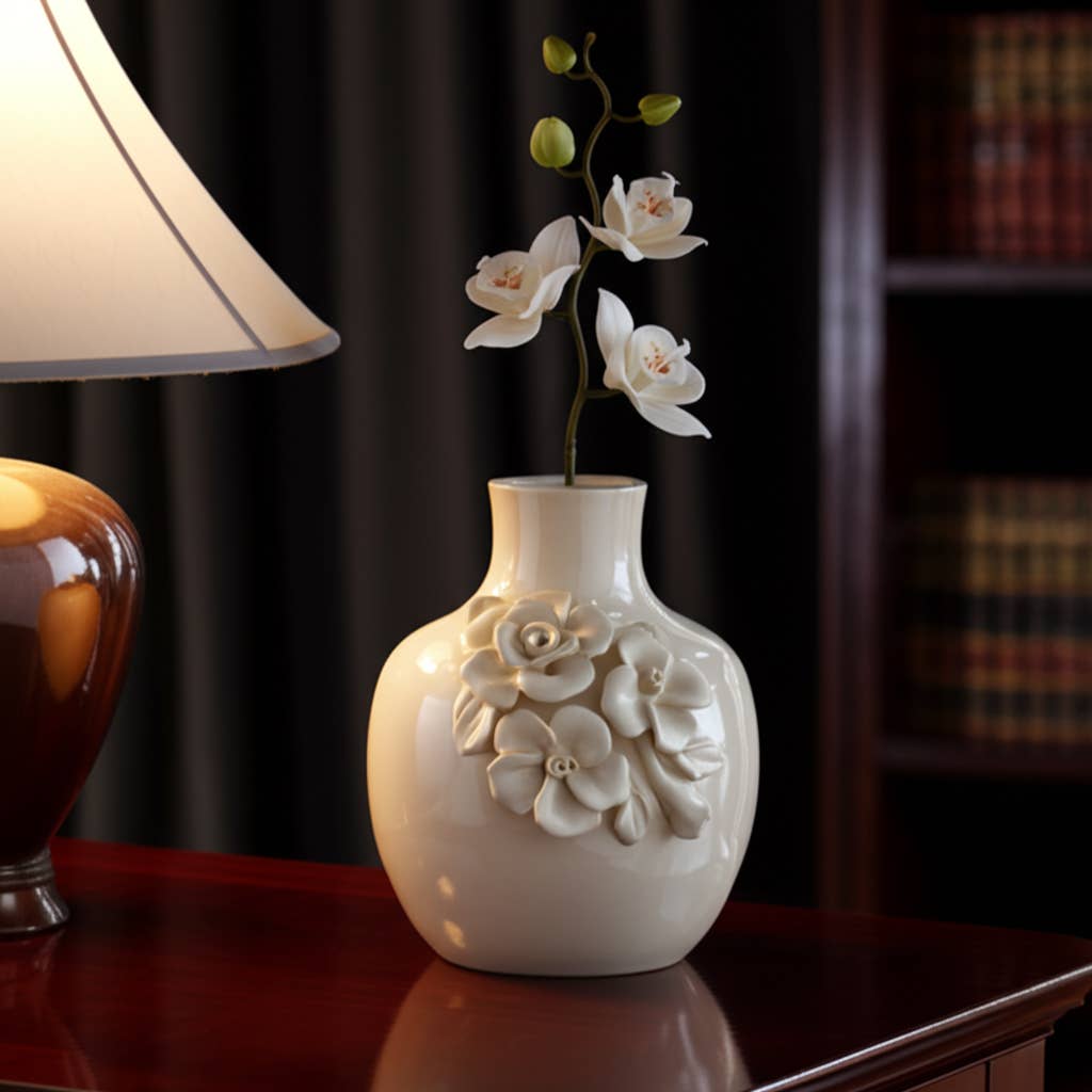 Decorative Vase - Cream Ceramic Rose Applique Bud, 6 in.
