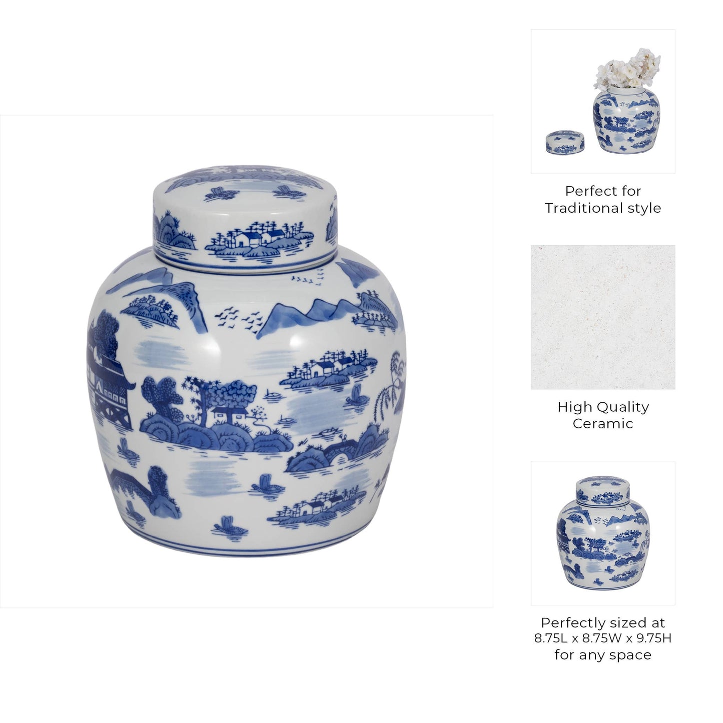 Decorative Jar - Blue Ceramic Round Lidded, 10 in.