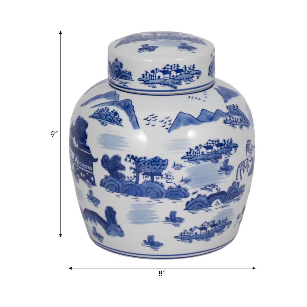 Decorative Jar - Blue Ceramic Round Lidded, 10 in.