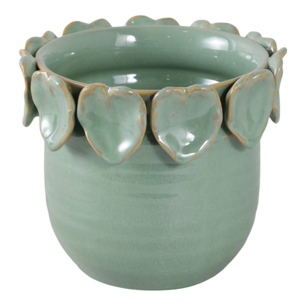 Plant Pot - Green Ceramic Handcrafted Leaf Applique, 6 in.