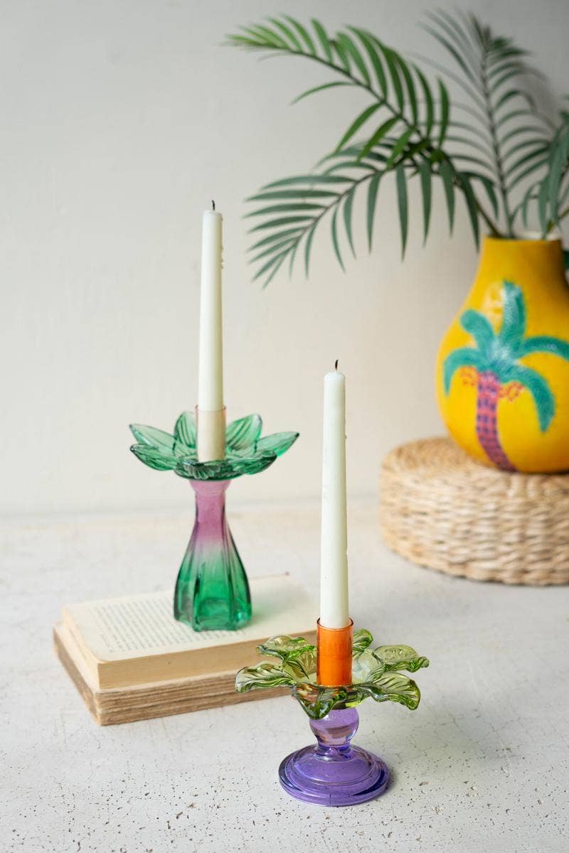 Colored Glass Flower Taper Candle Holder
