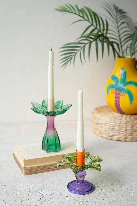 Colored Glass Flower Taper Candle Holder