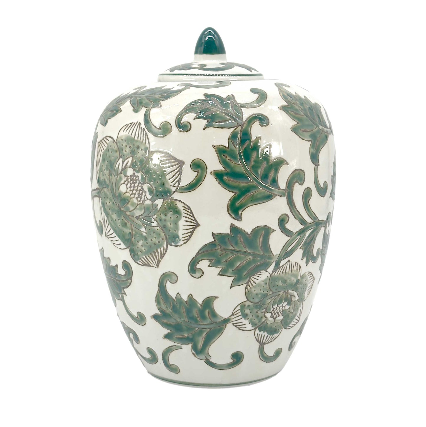 Green & White Floral Ceramic Chinoiserie Ginger Jar 11"