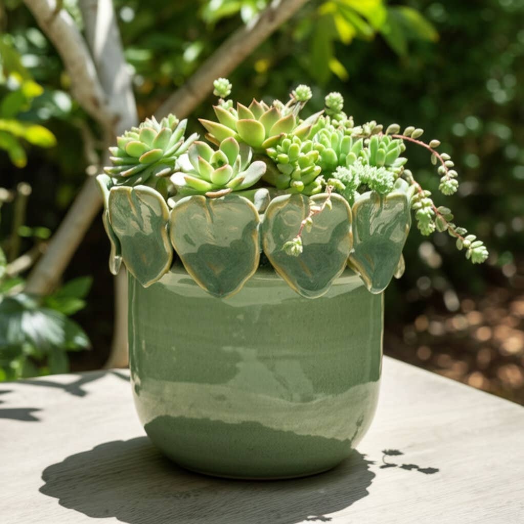 Plant Pot - Green Ceramic Handcrafted Leaf Applique, 6 in.