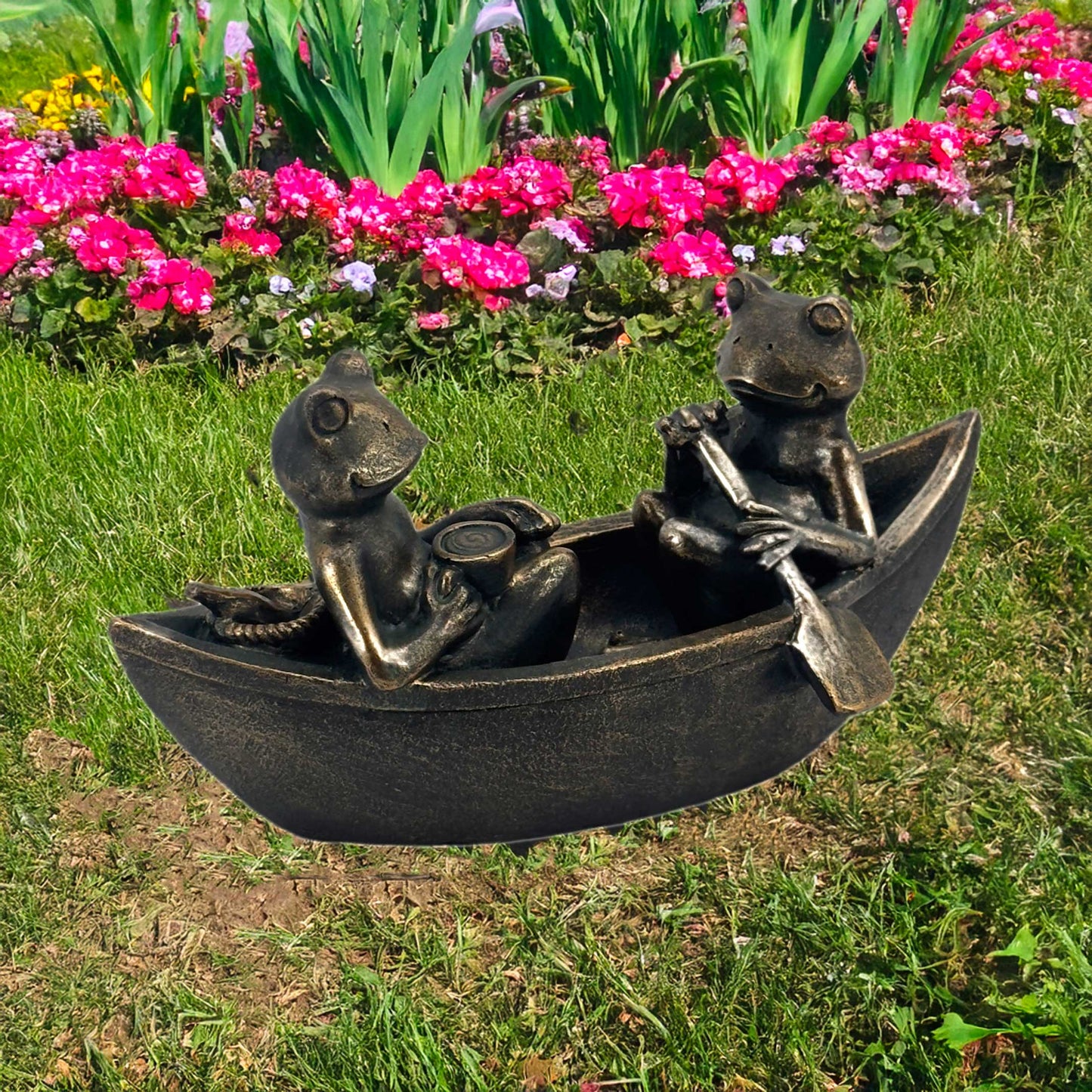 14" Rowing Frogs Copper-Look Resin Garden Statue
