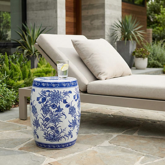 Stool - Blue Ceramic Pinwheel Flower Chinoiserie, 18 in.