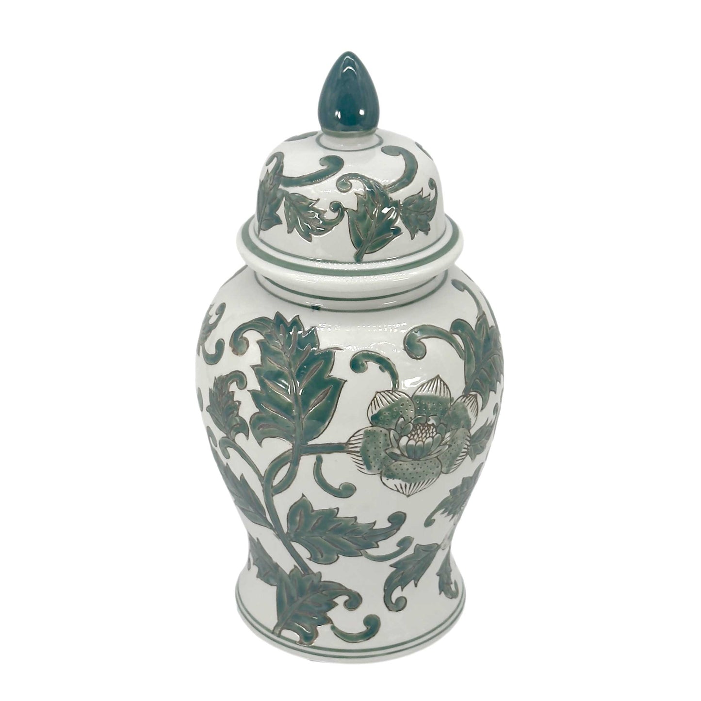 White & Green Chinoiserie Ginger Jar 14"
