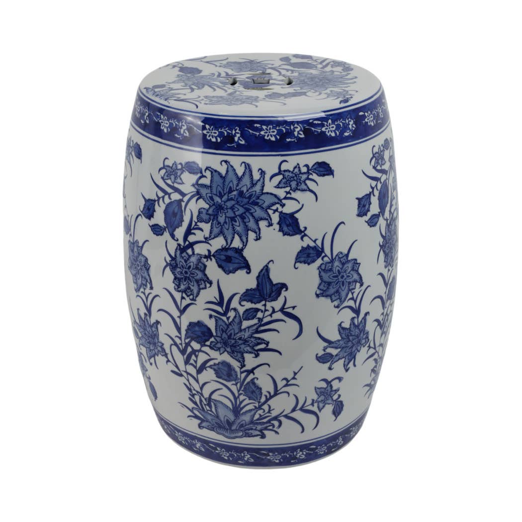 Stool - Blue Ceramic Pinwheel Flower Chinoiserie, 18 in.