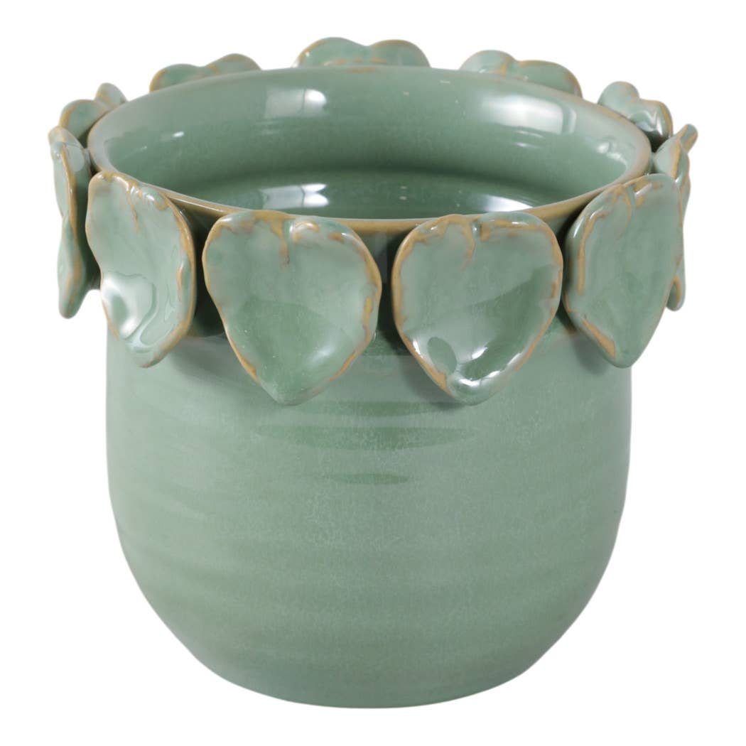 Plant Pot - Green Ceramic Handcrafted Leaf Applique, 6 in.