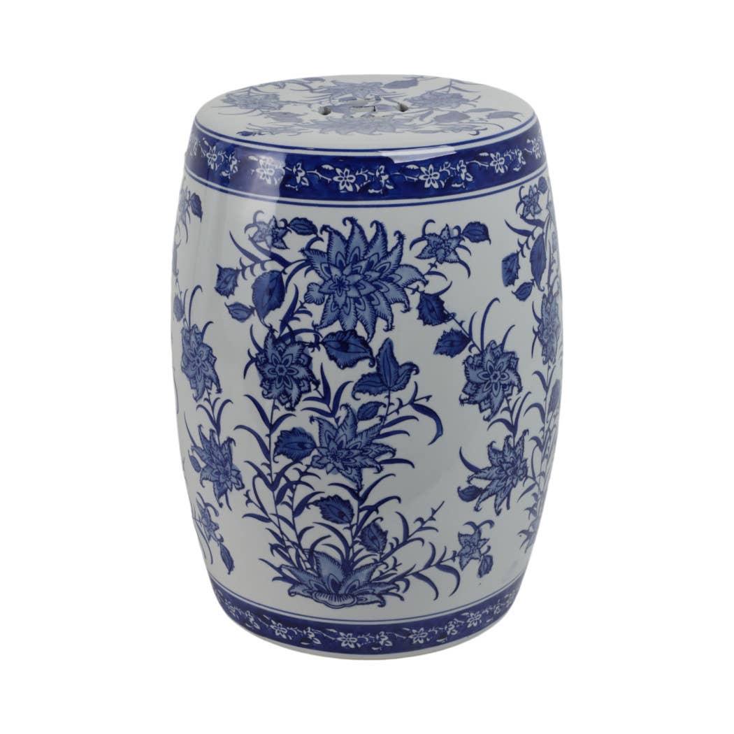 Stool - Blue Ceramic Pinwheel Flower Chinoiserie, 18 in.