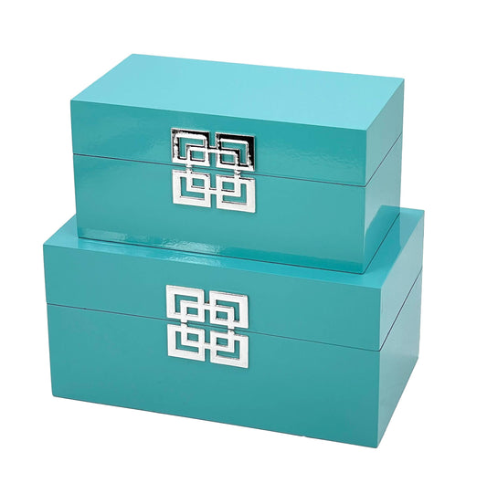 Wood Storage Box Gift Box Set of 2 - Teal & Silver
