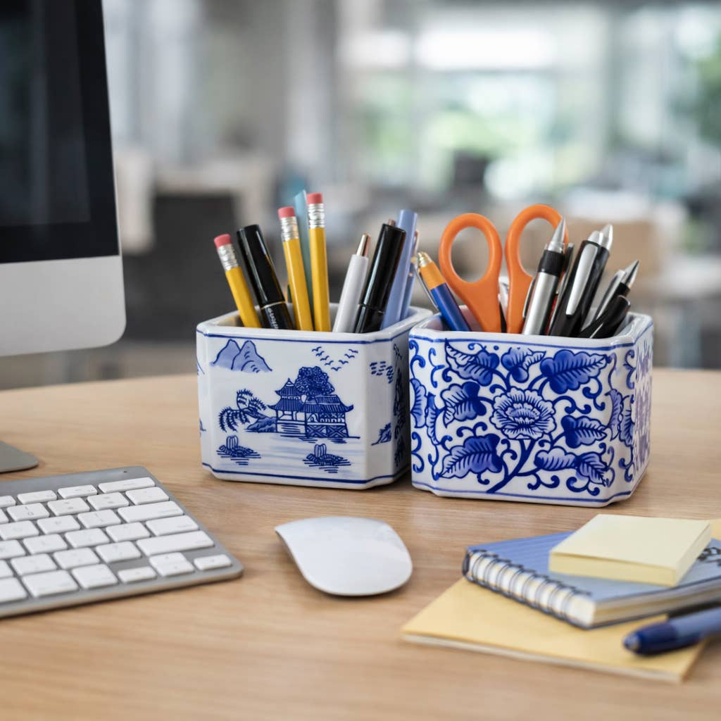 Pencil Cups Set of 2 - Blue/White Ceramic Rectangle, 4 in.