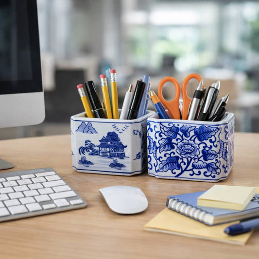 Pencil Cups Set of 2 - Blue/White Ceramic Rectangle, 4 in.