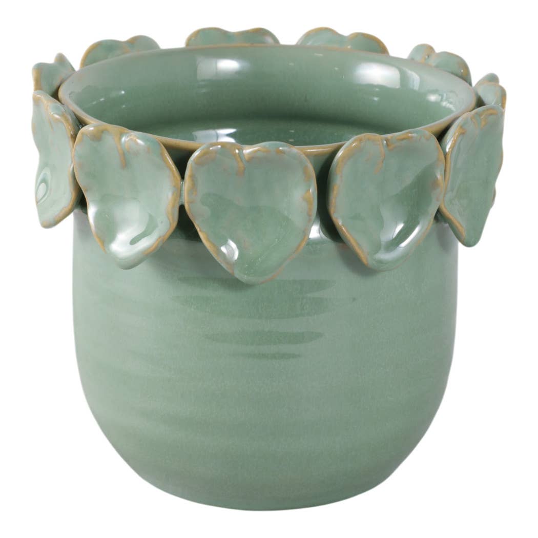 Plant Pot - Green Ceramic Handcrafted Leaf Applique, 6 in.