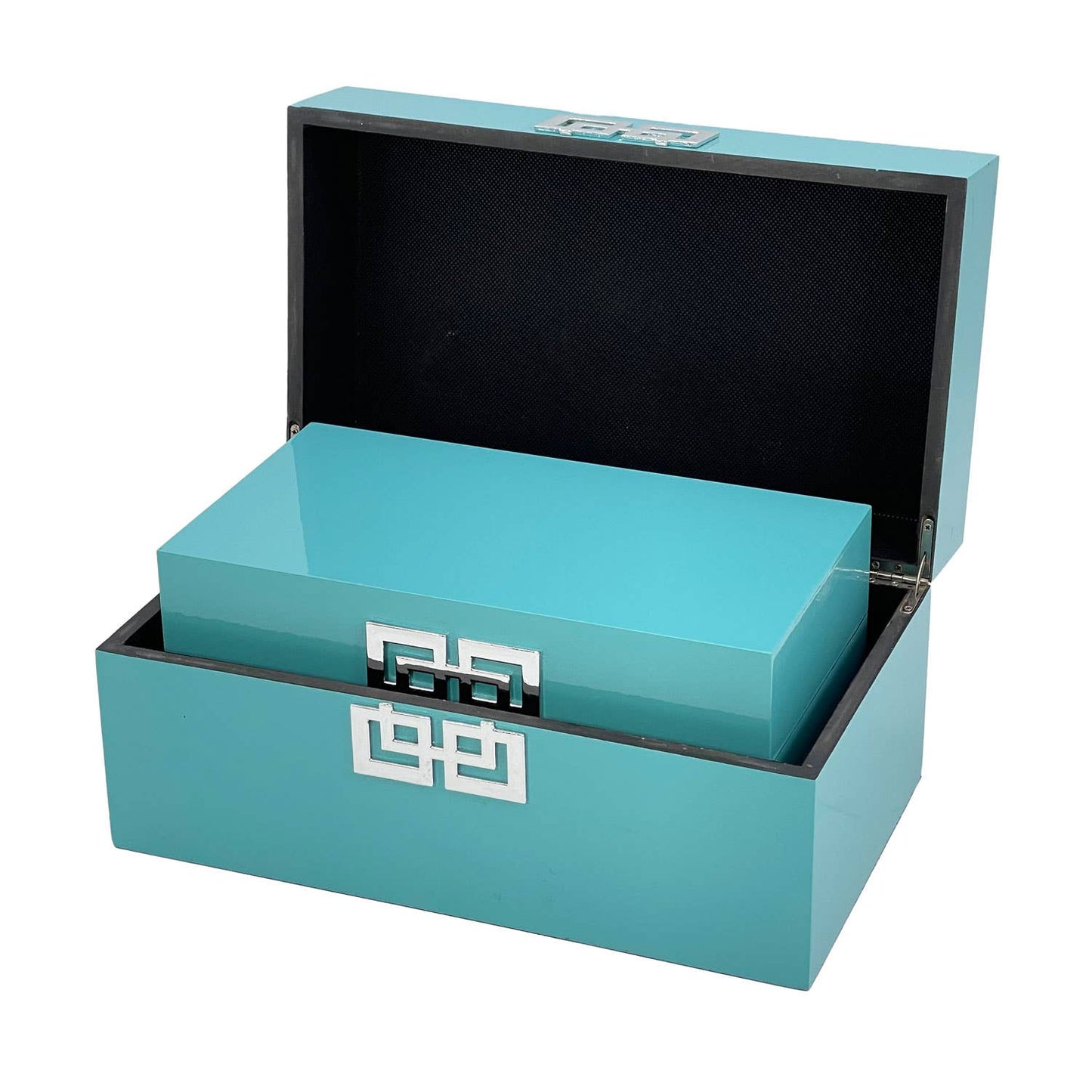 Wood Storage Box Gift Box Set of 2 - Teal & Silver