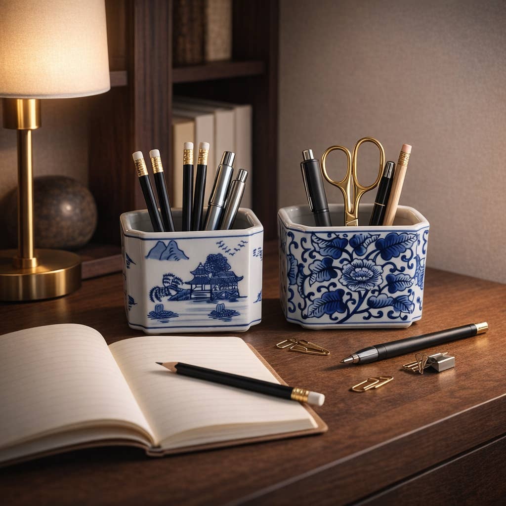 Pencil Cups Set of 2 - Blue/White Ceramic Rectangle, 4 in.