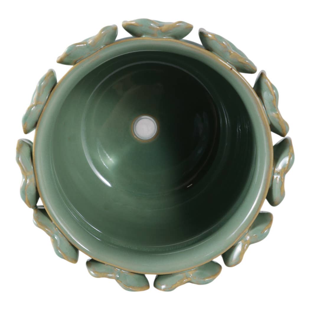 Plant Pot - Green Ceramic Handcrafted Leaf Applique, 6 in.