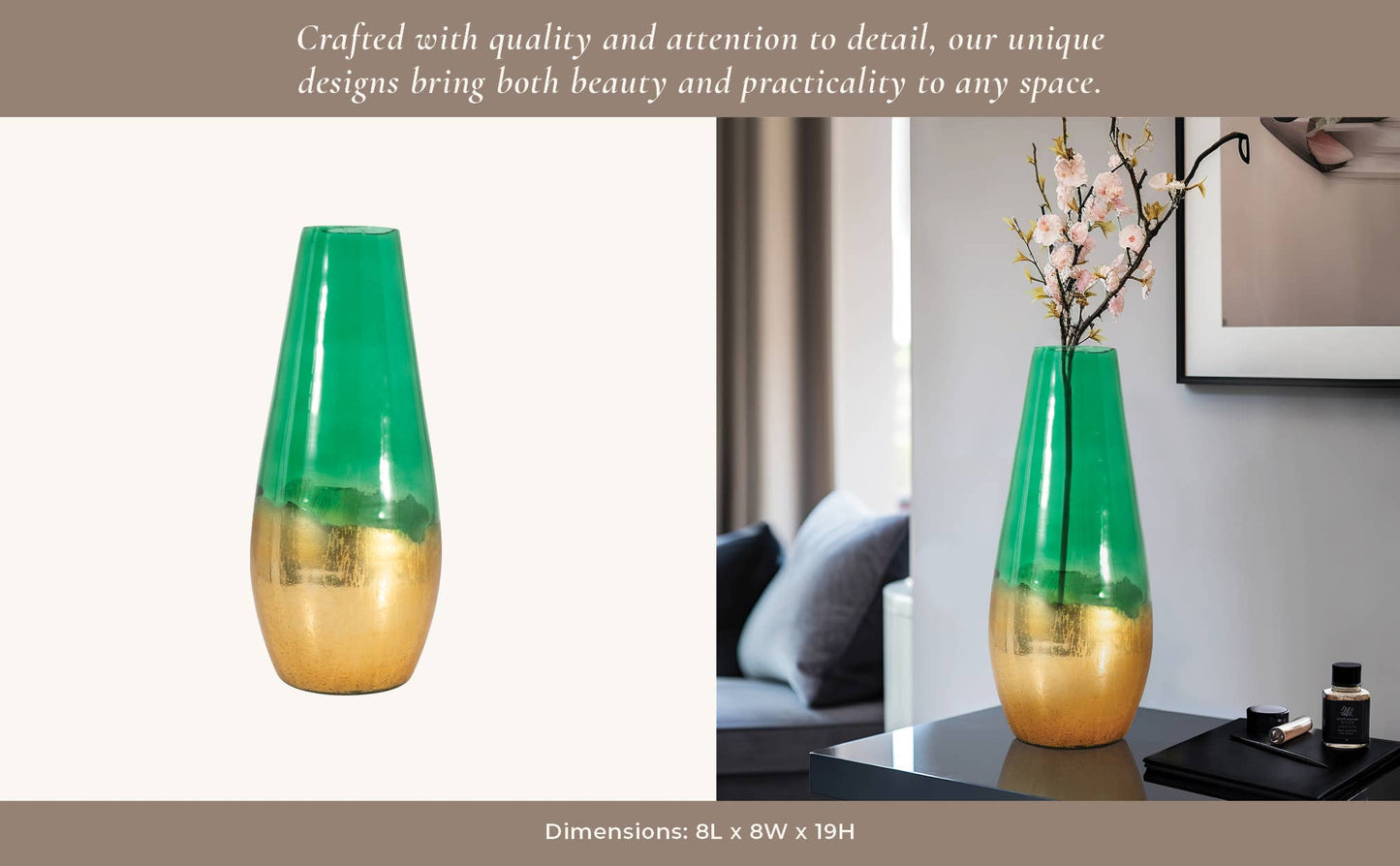 Glass Modern Gold Dipped Decorative Vase - Green, 19 in.
